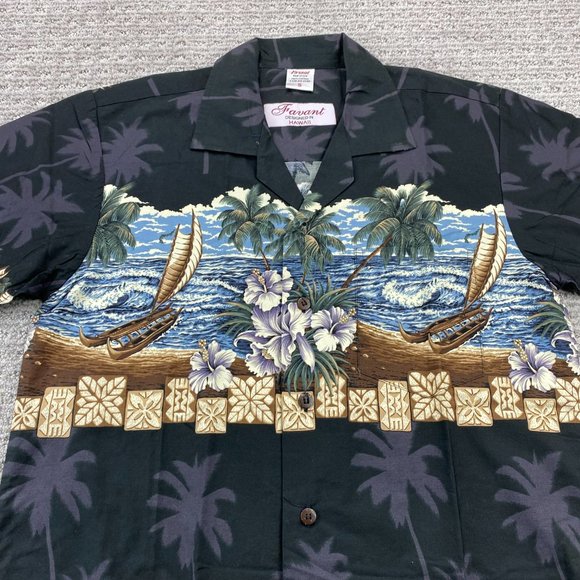 FAVANT Hawaiian Shirt Men Small S Black Button Up Floral Palm Tree Beach Waves - Picture 3 of 9